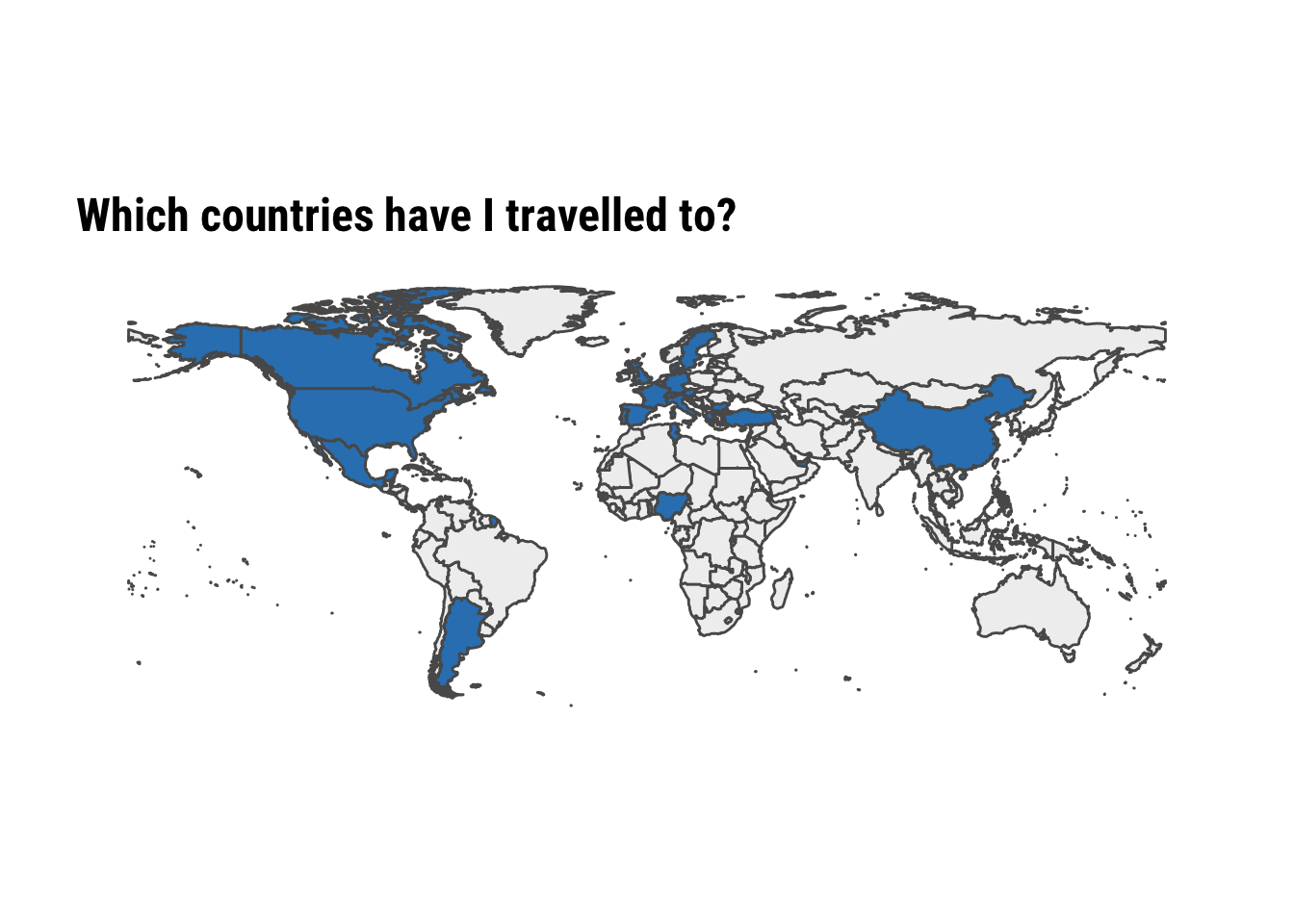 World map titled "Which countries have I travelled to?" with visited countries shaded blue
